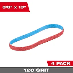 Image of the Milwaukee 3/8” x 13” 120 Grit Bandfile Belt with the text "3/8" x 13". 4 pack. 120 grit"
