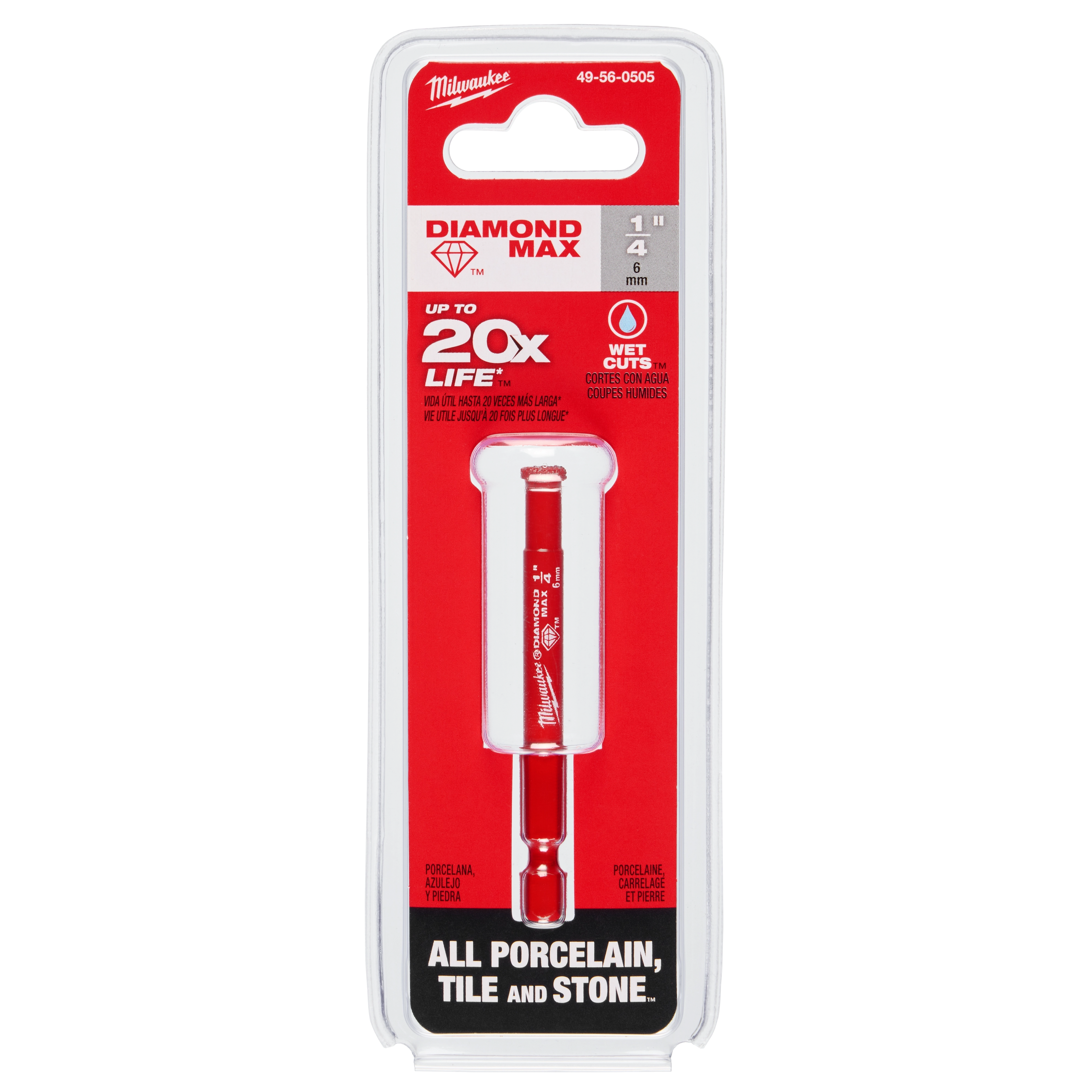 Milwaukee 1/4" Diamond Max Hole Saw packaged, advertising up to 20x life, suitable for cutting porcelain, tile, and stone.
