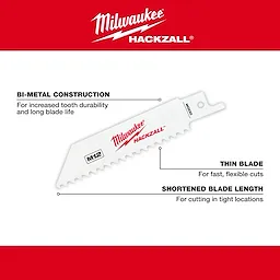 The M12 Hackzall Blade-Wood Walkaround features bi-metal construction for enhanced durability and long blade life. It has a thin blade for fast, flexible cuts and a shortened length for cutting in tight locations. The blade is branded with Milwaukee Hackzall logo and text in red.