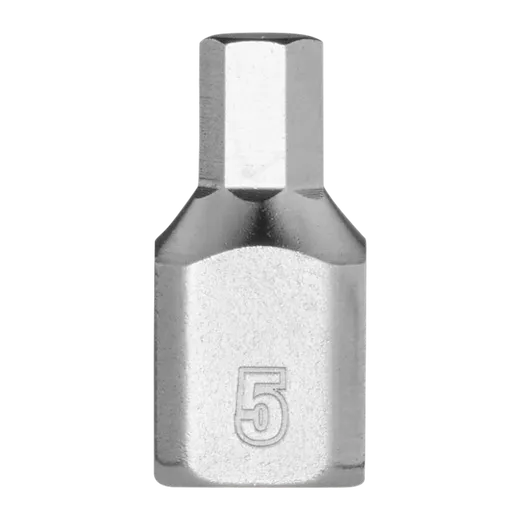 The 1/4" Drive 5mm Low-Profile Hex Bit Socket is a compact, silver metal tool featuring a 5mm hex bit. The number "5" is stamped on the side, indicating its size.