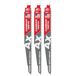 Three 9" 5 TPI AX™ with Carbide Teeth SAWZALL® Blades for Wood with Nails are shown. The blades have a red and gray design and are labeled "Carbide Teeth" and "Wood with Nails." The packaging indicates they are made in the USA.