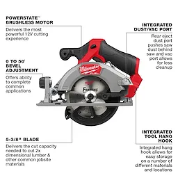 The M12 FUEL™ 5-3/8" Circular Saw features a Powerstate™ brushless motor, 0 to 50° bevel adjustment, integrated dust/vac port, and tool hang hook. This compact saw delivers cutting capacity for 2x dimensional lumber and other job site materials with increased user convenience and less cleanup.