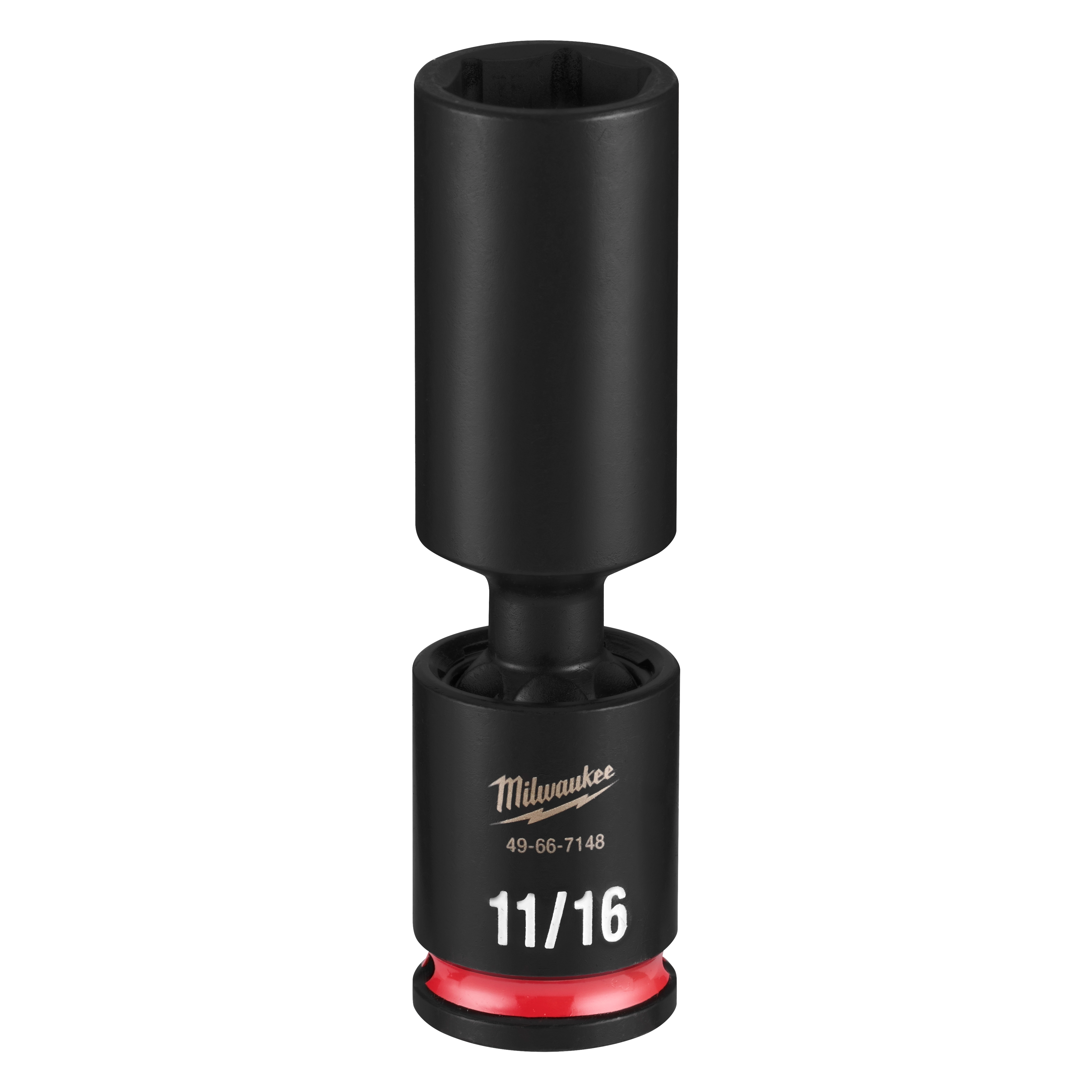 SHOCKWAVE Impact Duty 3/8" Drive 11/16" Deep Swivel Socket standing upright with 11/16 marking and red ring.