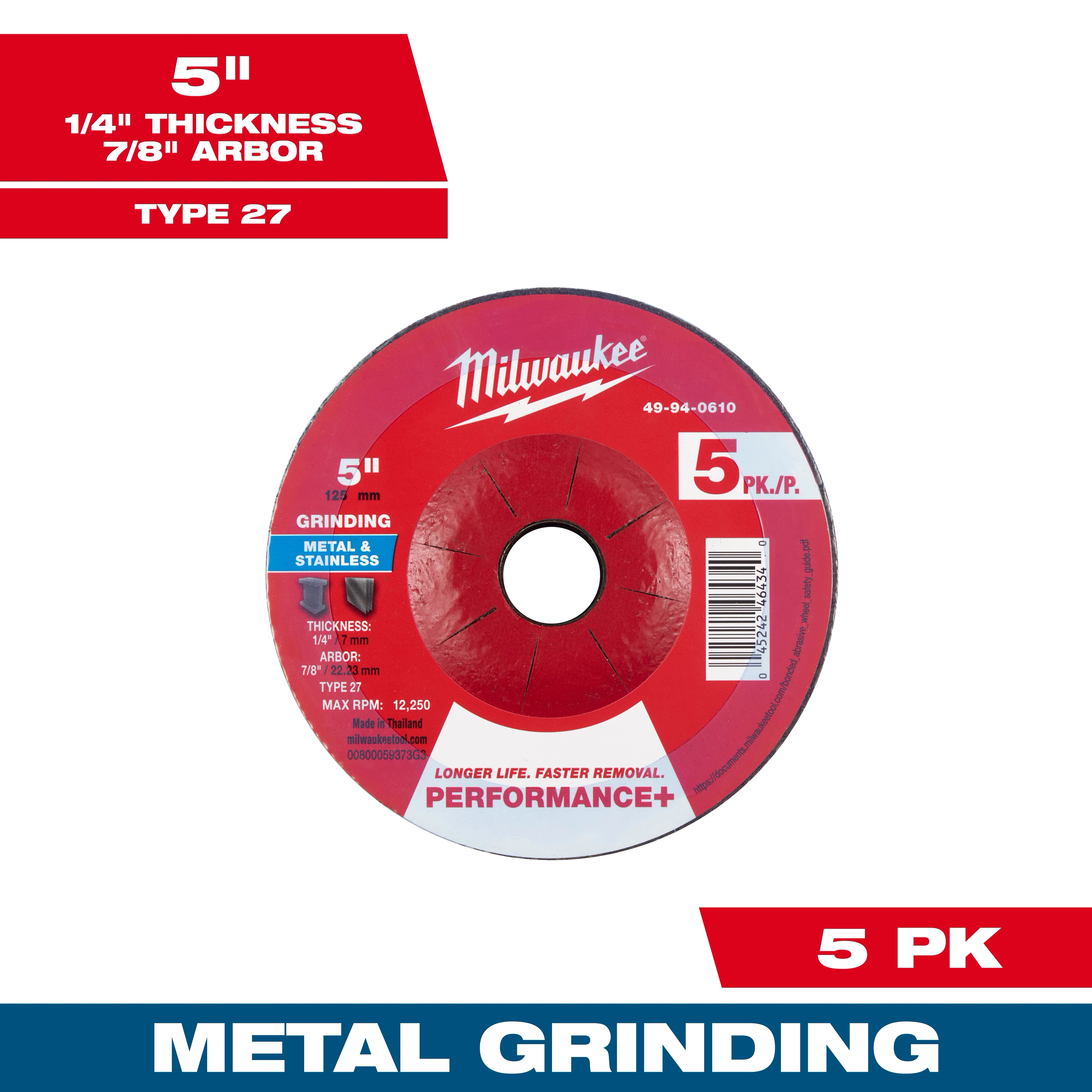 4-1/2" x 1/4" x 5/8"-11 Performance+ Metal Grinding Wheel - Type 27. 5-inch, 1/4" thickness, 7/8" arbor, grinding metal and stainless steel.