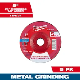 4-1/2" x 1/4" x 5/8"-11 Performance+ Metal Grinding Wheel - Type 27. 5-inch, 1/4" thickness, 7/8" arbor, grinding metal and stainless steel.