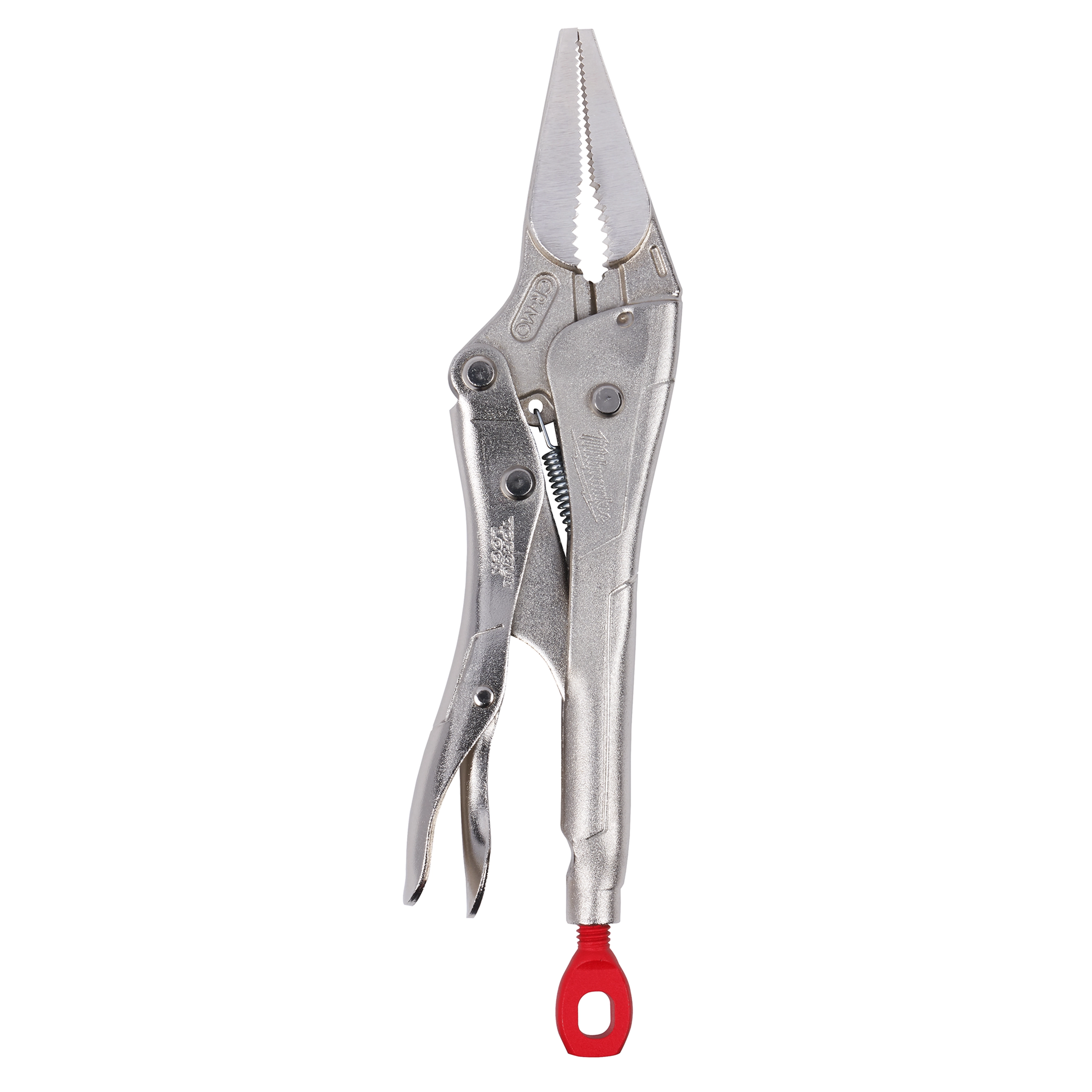 4” TORQUE LOCK Long Nose Locking Pliers with a silver metal body, serrated jaws, adjustment screw, and red loop handle.