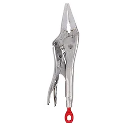 4” TORQUE LOCK Long Nose Locking Pliers with a silver metal body, serrated jaws, adjustment screw, and red loop handle.