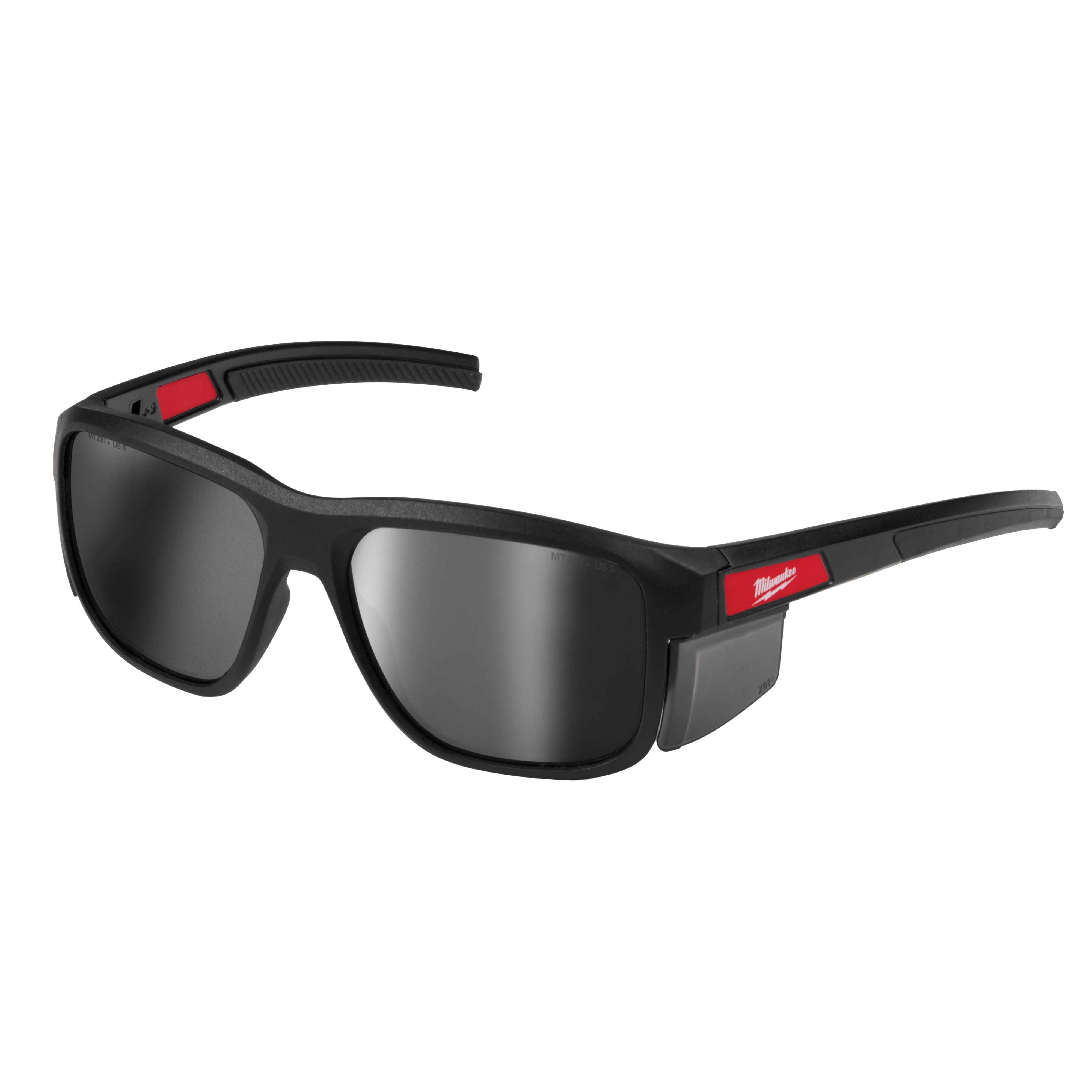 Full Frame Safety Glasses with Removable Side Shields feature silver mirrored, anti-scratch lenses. The black frames include red accents and branding. Designed for eye protection in various environments, these glasses combine durability and comfort with a modern aesthetic.