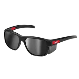 Full Frame Safety Glasses with Removable Side Shields feature silver mirrored, anti-scratch lenses. The black frames include red accents and branding. Designed for eye protection in various environments, these glasses combine durability and comfort with a modern aesthetic.
