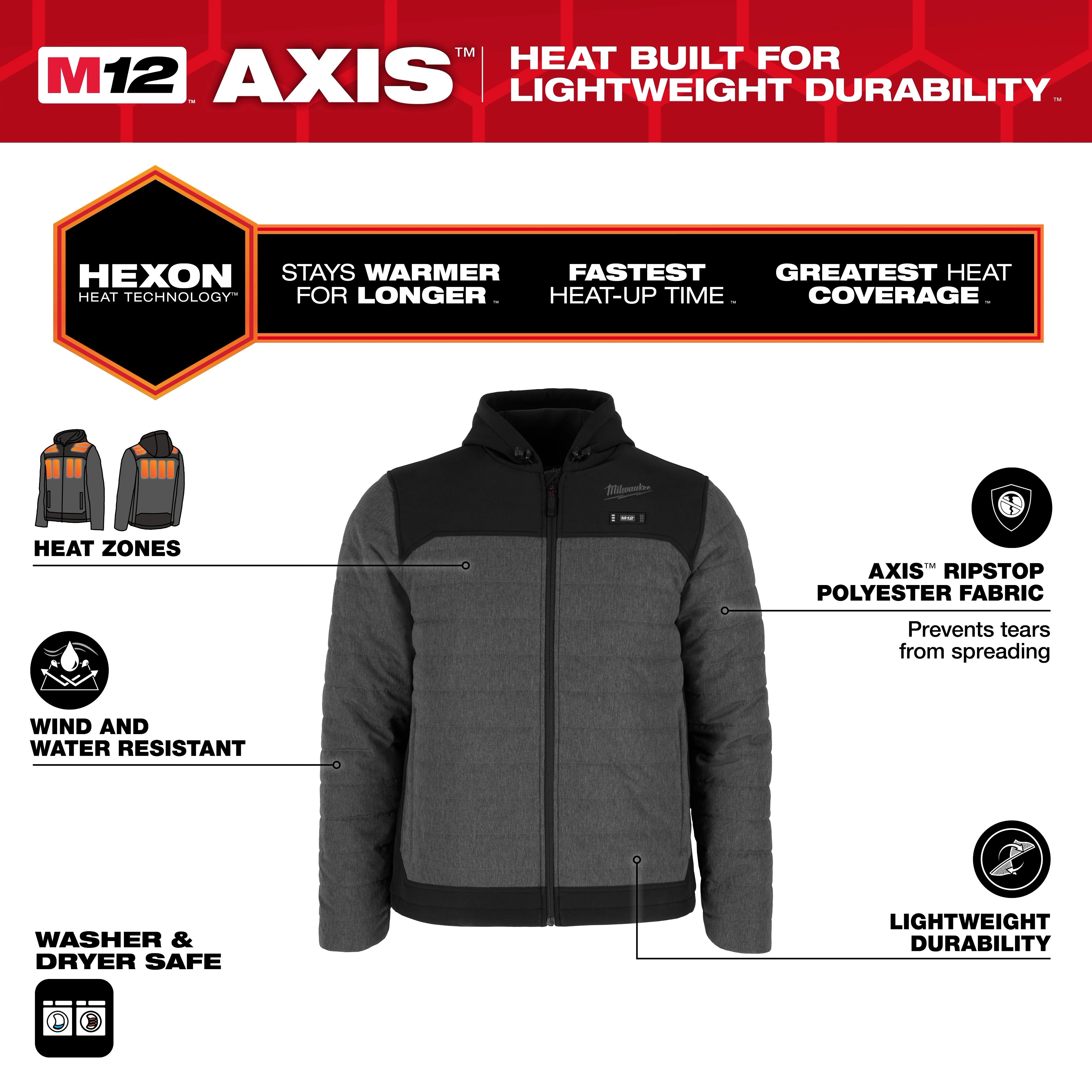 The M12 Heated AXIS Jacket features hexon heat technology, heat zones, and is wind and water-resistant. It's lightweight and durable.