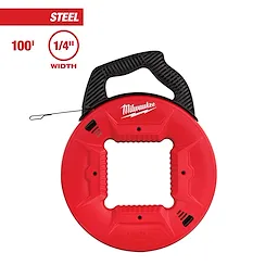 Red 100' Steel Fish Tape with Non-Conductive Tip, featuring a black handle and 1/4" width, from Milwaukee.