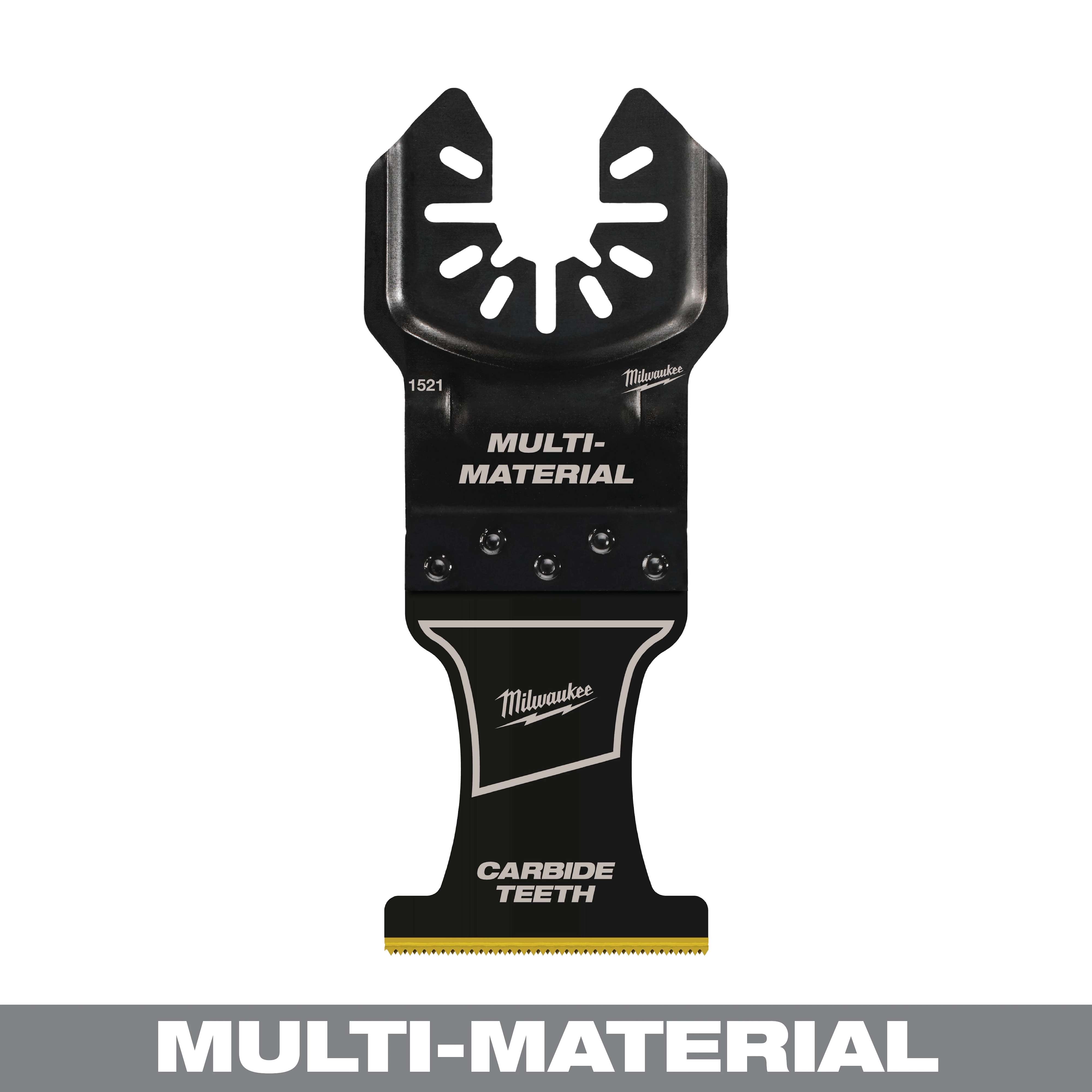 The MILWAUKEE 1-3/8" Carbide Teeth Multi-Material Multi-Tool Blade is black with a curved, precise design for versatile cutting applications.