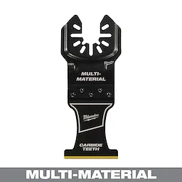 The MILWAUKEE 1-3/8" Carbide Teeth Multi-Material Multi-Tool Blade is black with a curved, precise design for versatile cutting applications.