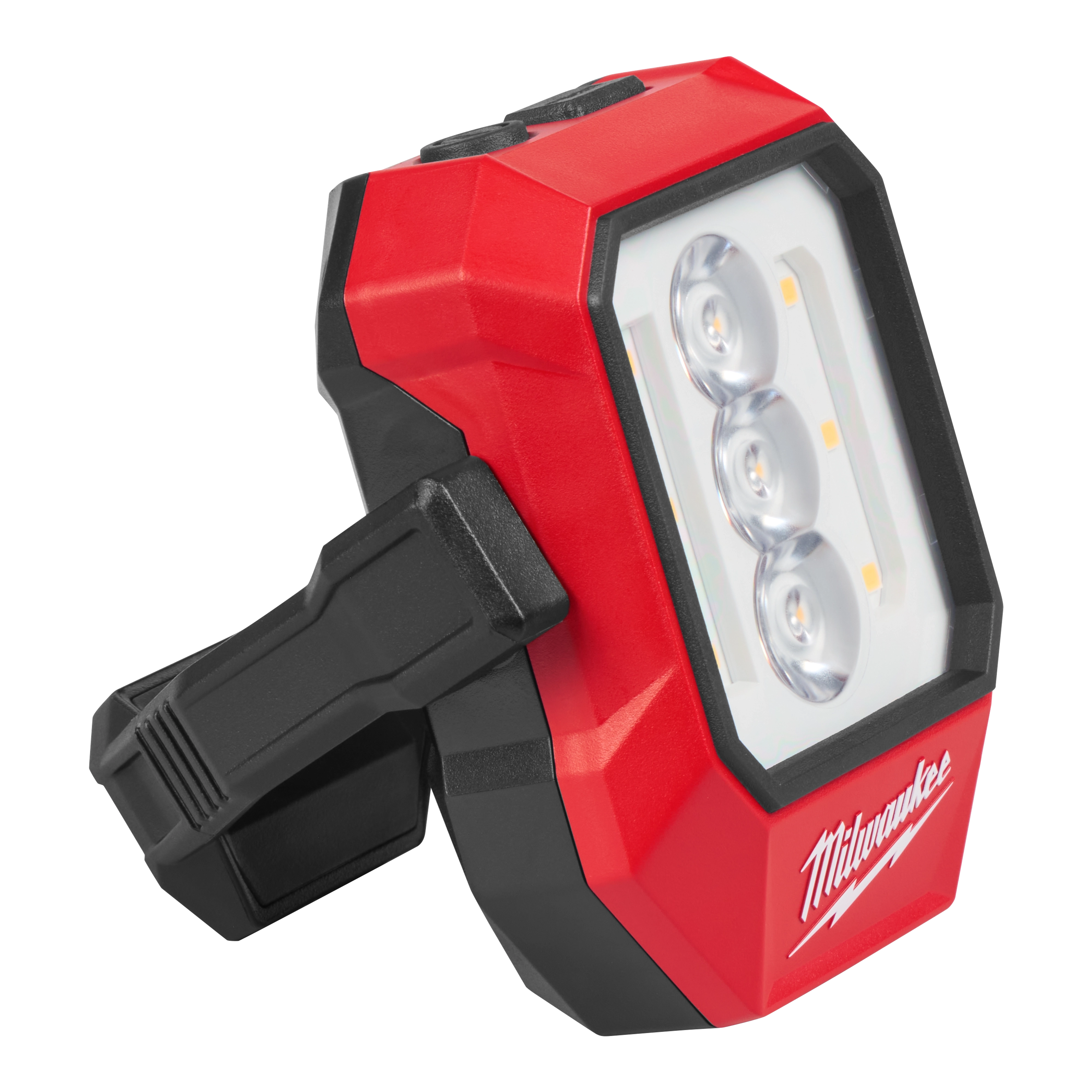 Milwaukee Rechargeable Pivoting Task Light with Spot Mode in a red and black design, featuring three LED lights.