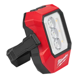 Milwaukee Rechargeable Pivoting Task Light with Spot Mode in a red and black design, featuring three LED lights.