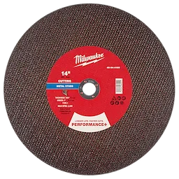 14" x 7/64" x 1" Performance+ Metal Cut Off Wheel, Type 1 - Stud Cutter, red center label with product details, black cutting surface.