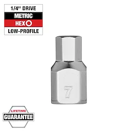 1/4" Drive 7mm Low-Profile Hex Bit Socket made of silver metal. Includes "7" marking on the side and a lifetime guarantee label.