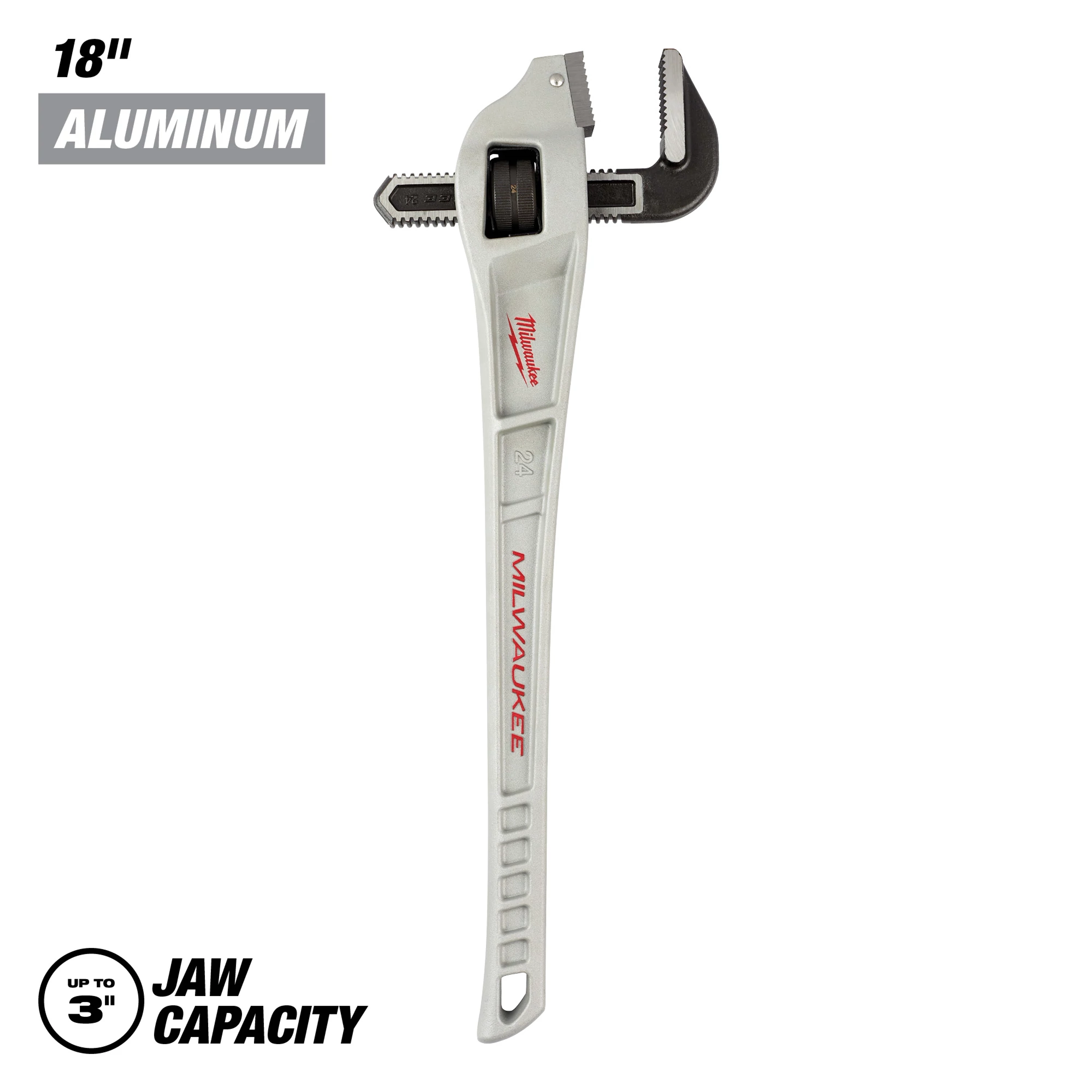 The Milwaukee 18" aluminum pipe wrench with up to 3" jaw capacity features a gray aluminum handle and a black adjustable jaw.