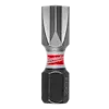 This image shows a single SHOCKWAVE™ 1" Impact Duty ECX™ 2 Insert Bit, designed for heavy-duty use. It has a metallic tip with a hexagonal shape and a red "Milwaukee" band around it. The label "ECX2" is engraved at the bottom. This product comes in a pack of 25.