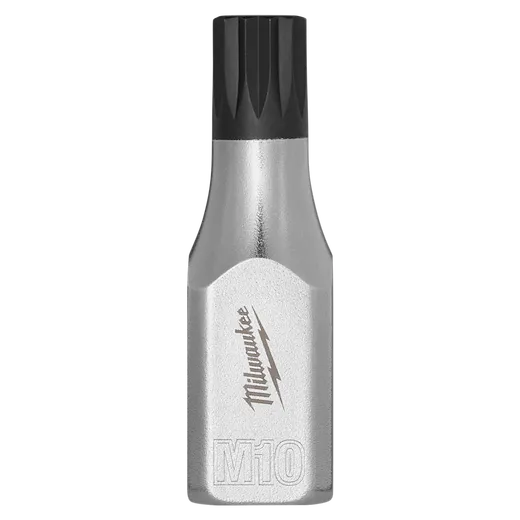 The image shows a 3/8" Drive 10mm Triple Square Bit Socket with "Milwaukee" branding. It has a silver body with a black tip and "M10" marking. The socket is designed for use with compatible tools for fastening and loosening tasks.