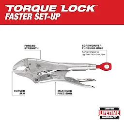 Torque Lock pliers with curved jaw, forged strength, machined precision, and screwdriver through-hole for tightening. Limited lifetime warranty.