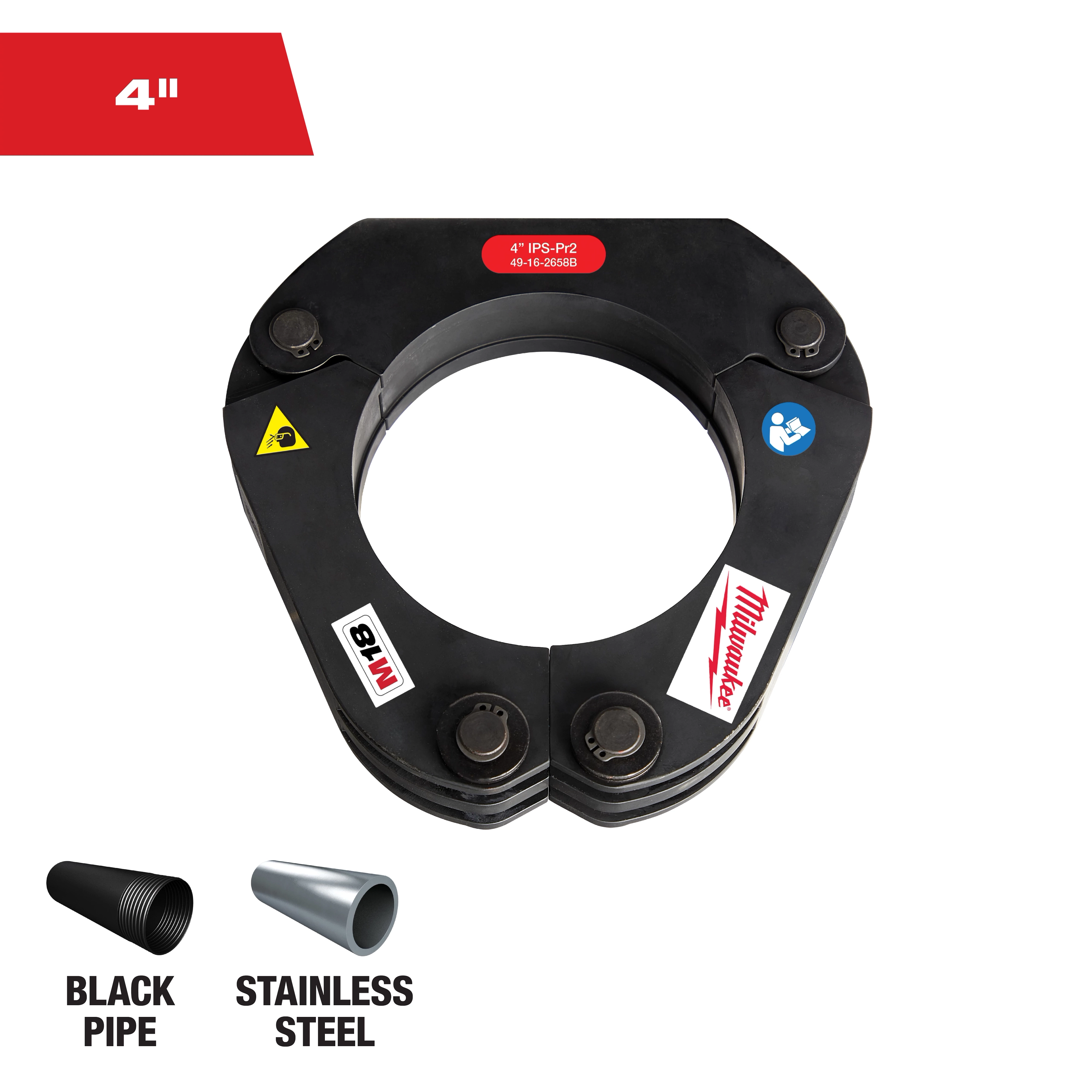 This image shows a Milwaukee 4-inch IPS-P2 pipe jaw for black and stainless steel pipes. The black tool is circular, featuring various labels, including the Milwaukee brand name in red on the side. Icons of black and stainless steel pipes are shown below the tool.