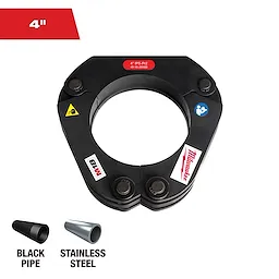 This image shows a Milwaukee 4-inch IPS-P2 pipe jaw for black and stainless steel pipes. The black tool is circular, featuring various labels, including the Milwaukee brand name in red on the side. Icons of black and stainless steel pipes are shown below the tool.