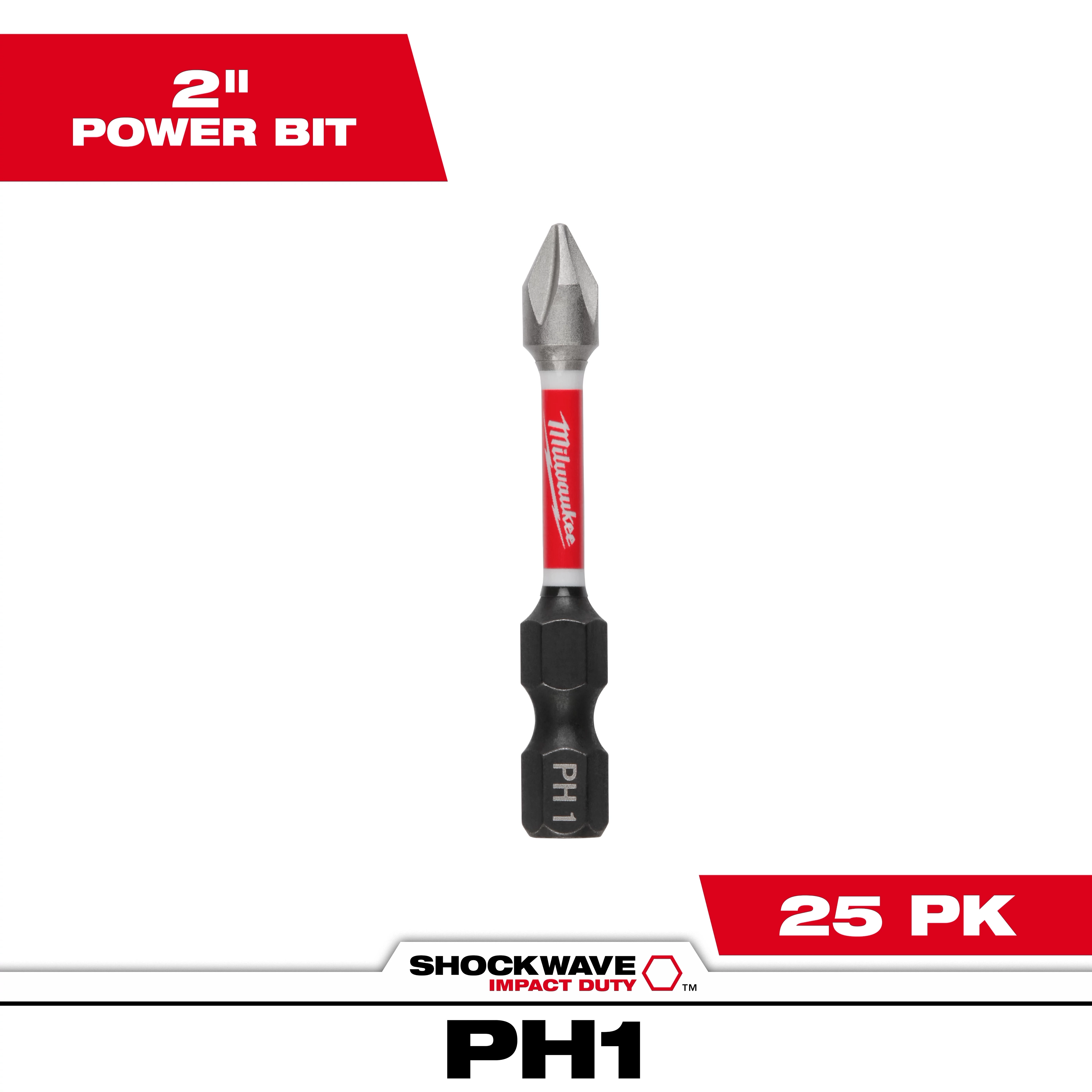 The image shows a single SHOCKWAVE™ Impact Duty 2" Phillips #1 Power Bit. The packaging indicates it comes in a bulk pack of 25 pieces. It features a red and black design with the Milwaukee logo.