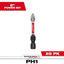 The image shows a single SHOCKWAVE™ Impact Duty 2" Phillips #1 Power Bit. The packaging indicates it comes in a bulk pack of 25 pieces. It features a red and black design with the Milwaukee logo.