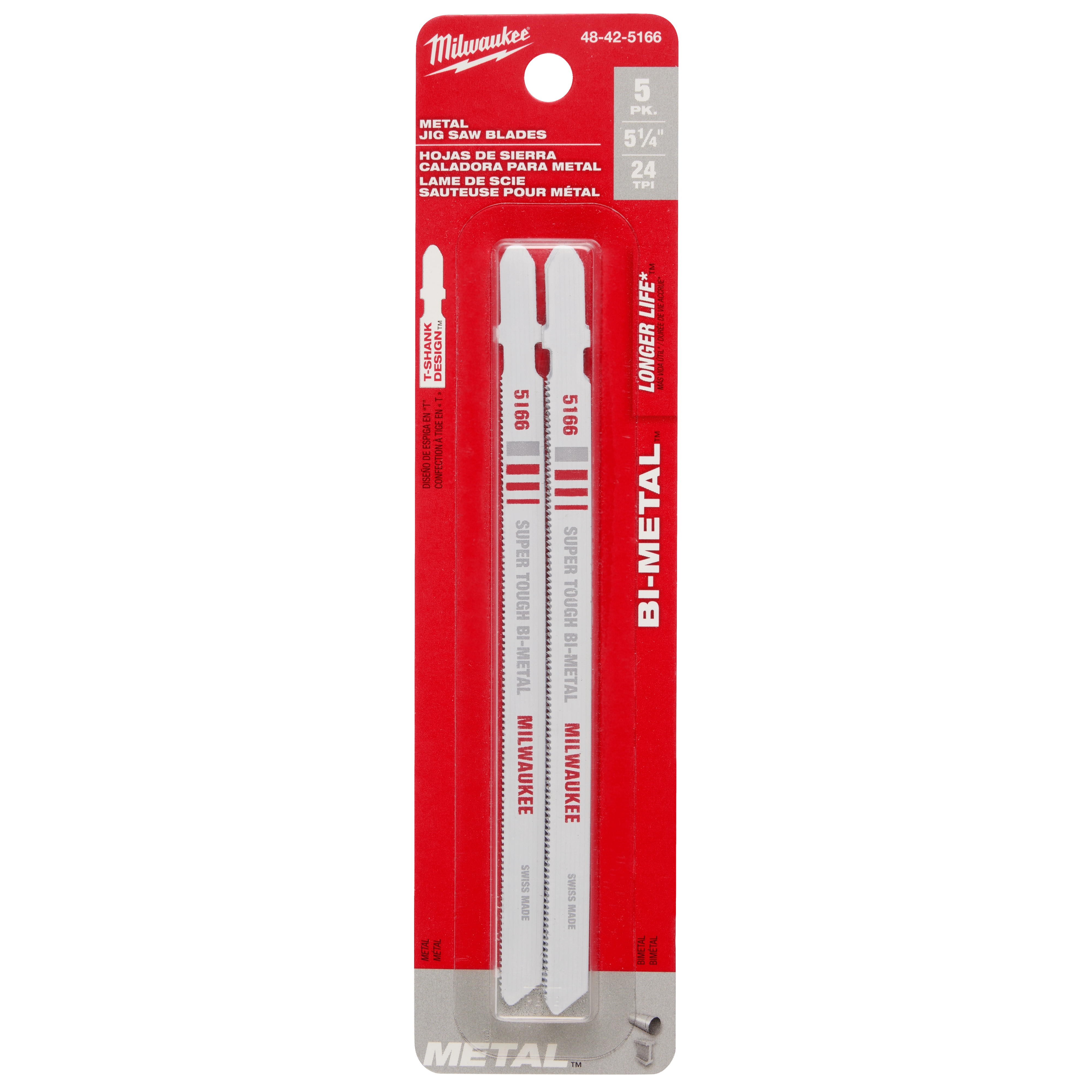 5-1/4" 24TPI T-Shank Metal Cutting Bi-Metal Jig Saw Blades 5PK in red and white packaging, includes five blades.