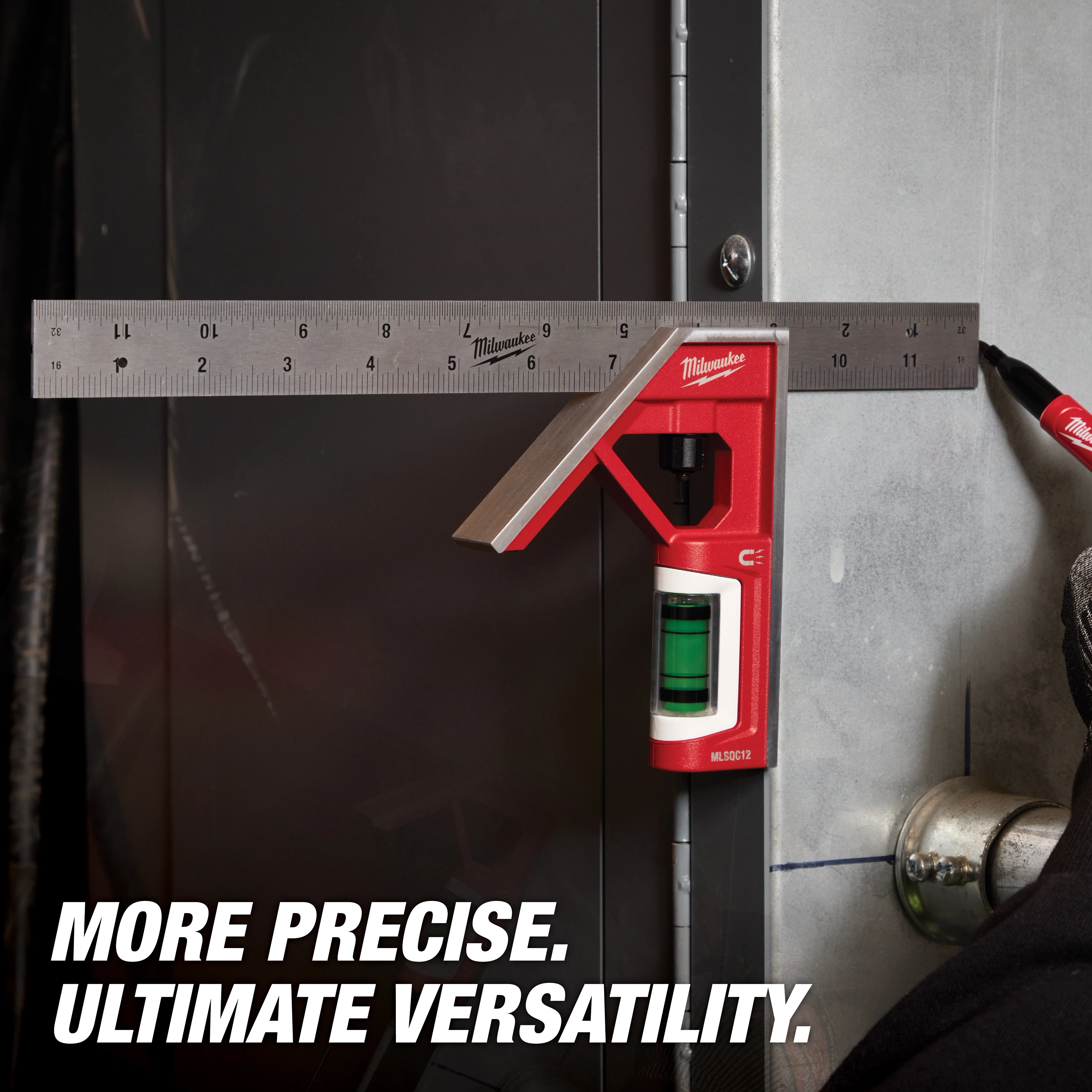 12" Magnetic Combination Square in use against a metal surface with text "More Precise. Ultimate Versatility." in the lower left corner.