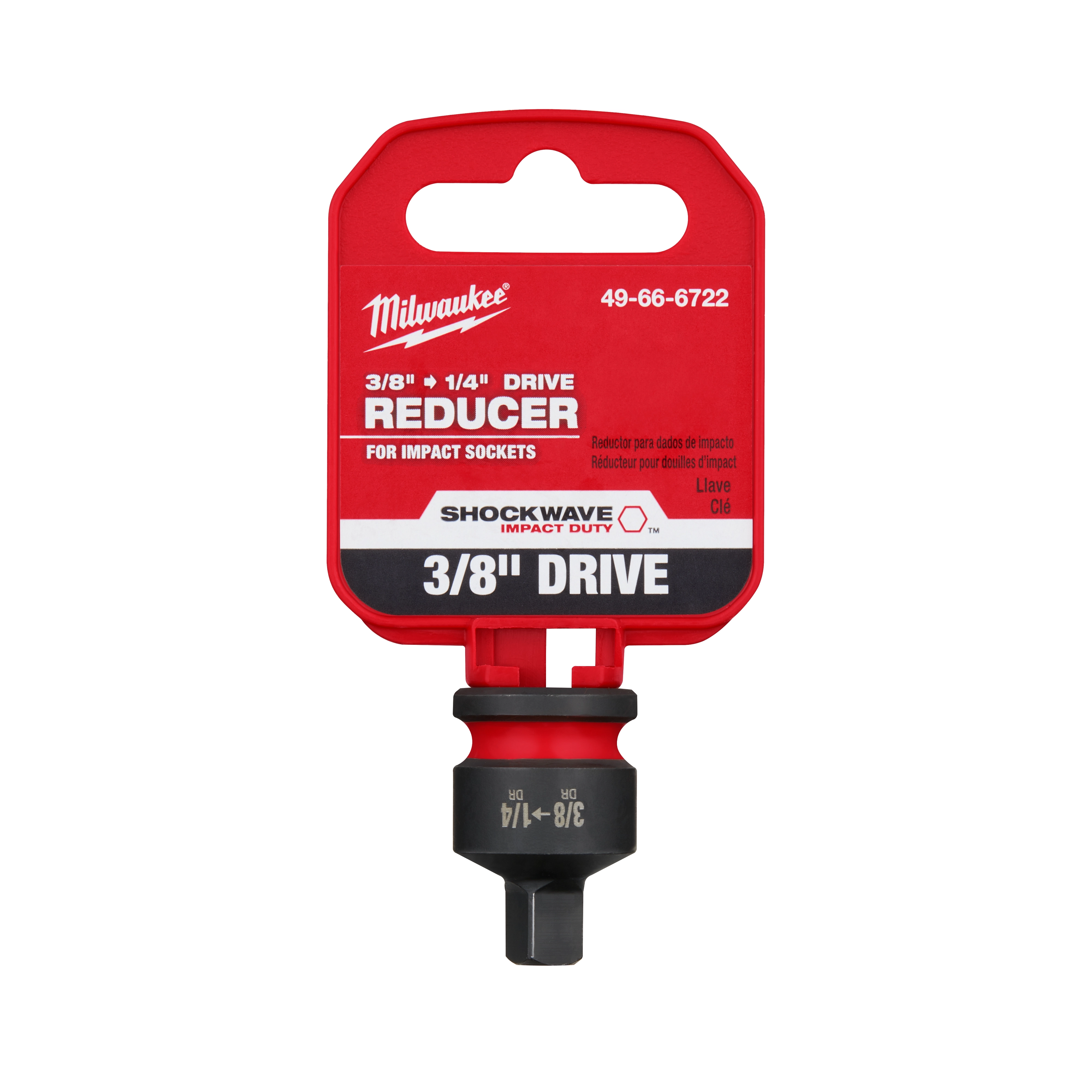 SHOCKWAVE Impact Duty 3/8" Drive to 1/4" Drive Reducer, black color with red packaging, for impact sockets, model 49-66-6722.