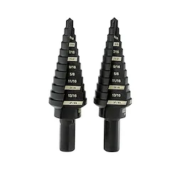 The Step Drill Bit Set #4 - 2PC features two black, tapered drill bits with measurement markings for various hole sizes ranging from 3/16 inch to 7/8 inch. The bits are designed for drilling in multiple sizes.