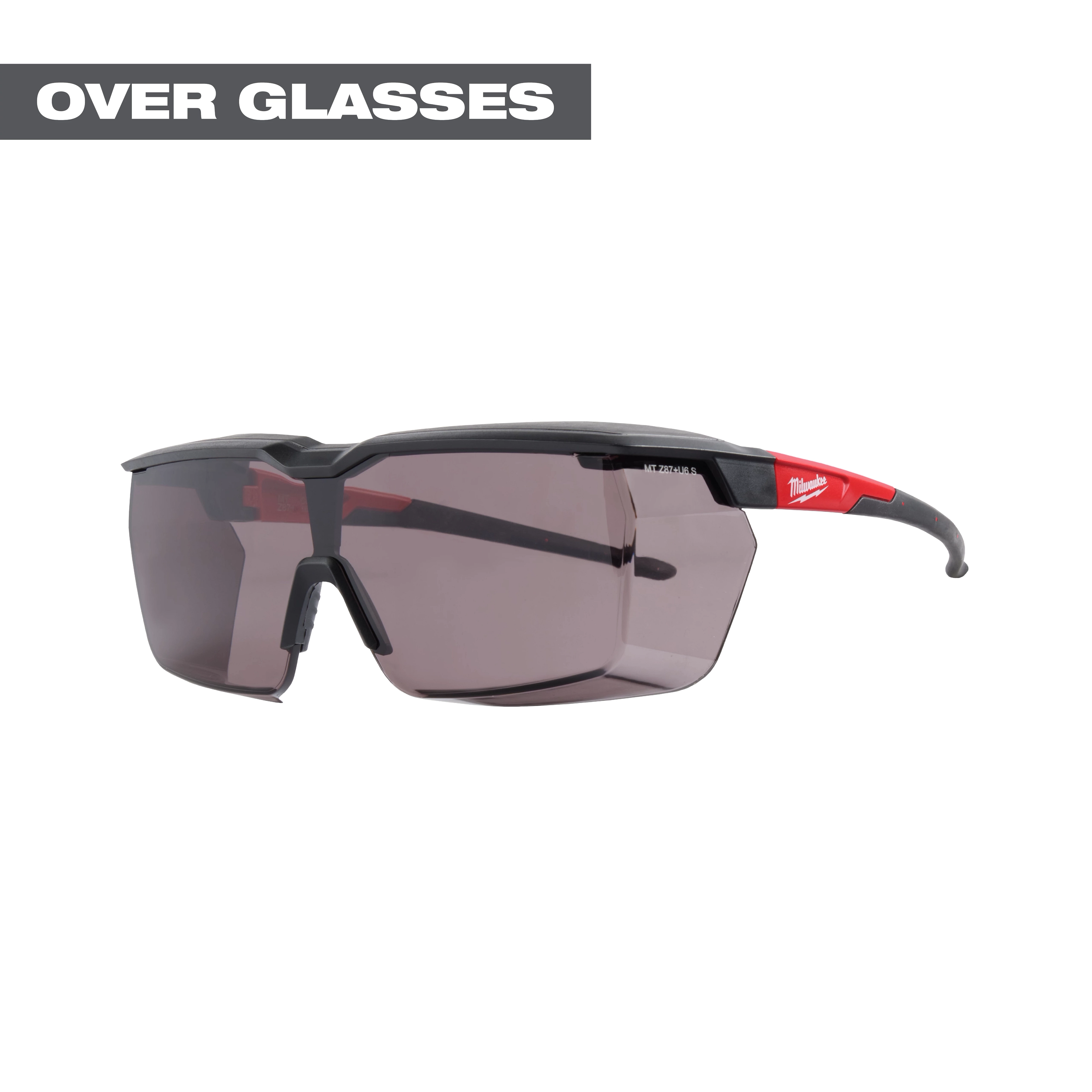 Over the Glasses - Tinted Dual Coat Lenses (OTG) with a black and red frame. Designed to fit over prescription glasses.
