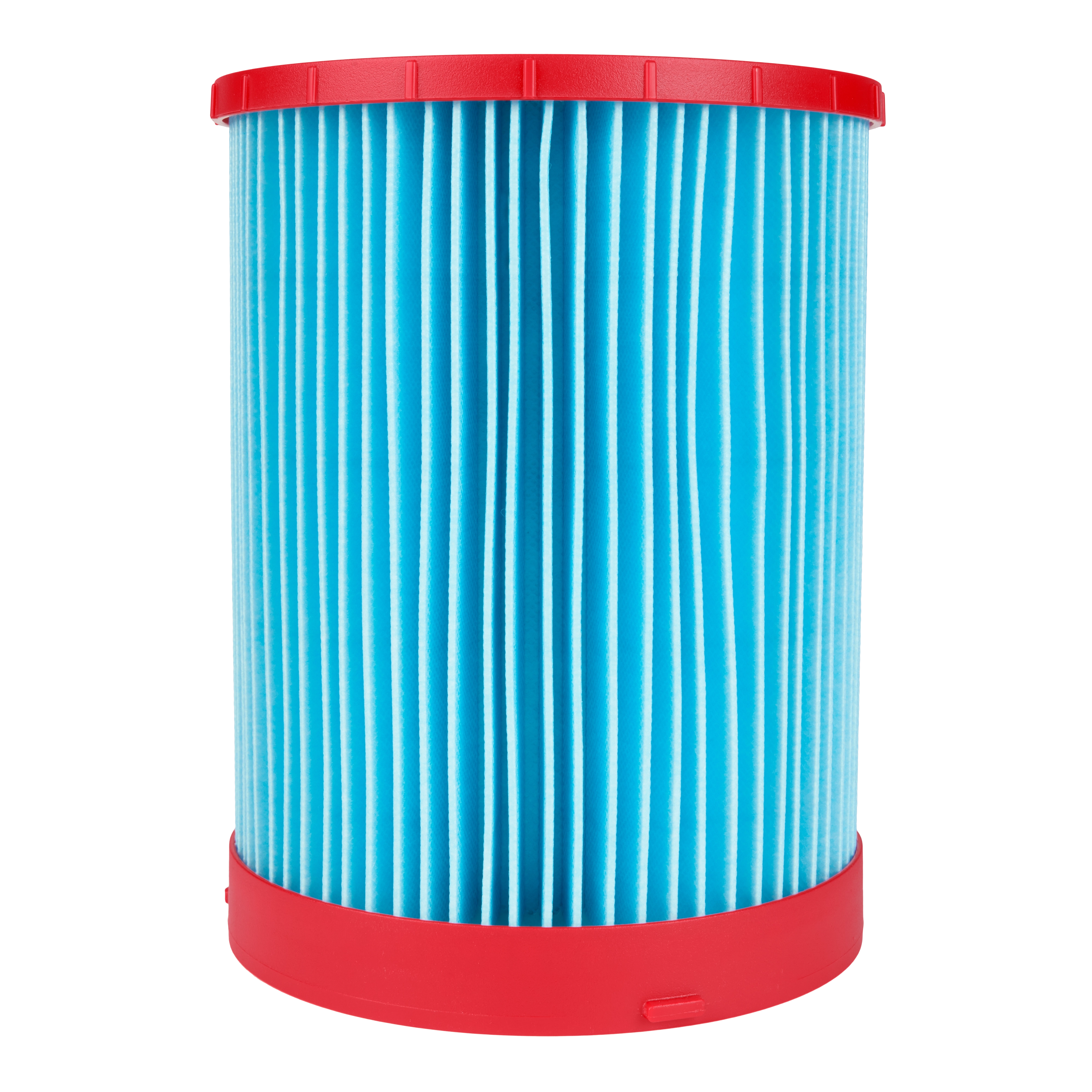 The image displays a MILWAUKEE® Large Wet/Dry Vacuum High Efficiency Filter. The filter is cylindrical, blue with vertical pleats, and has red plastic caps on the top and bottom.