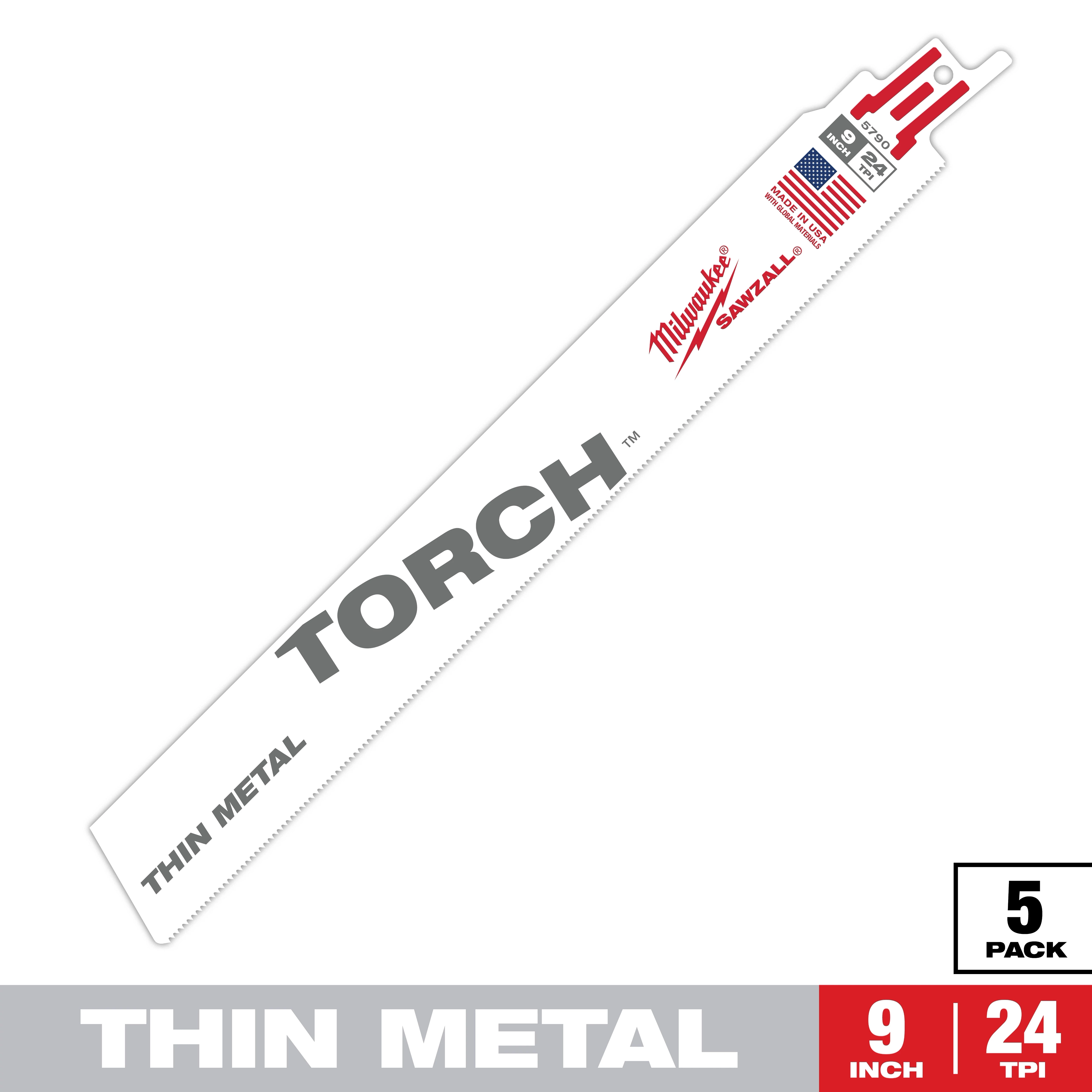 The Sawzall Bi-Metal Carbide blade is designed for cutting thin metal. It is 9 inches long with 24 teeth per inch (TPI) and comes in a pack of five.