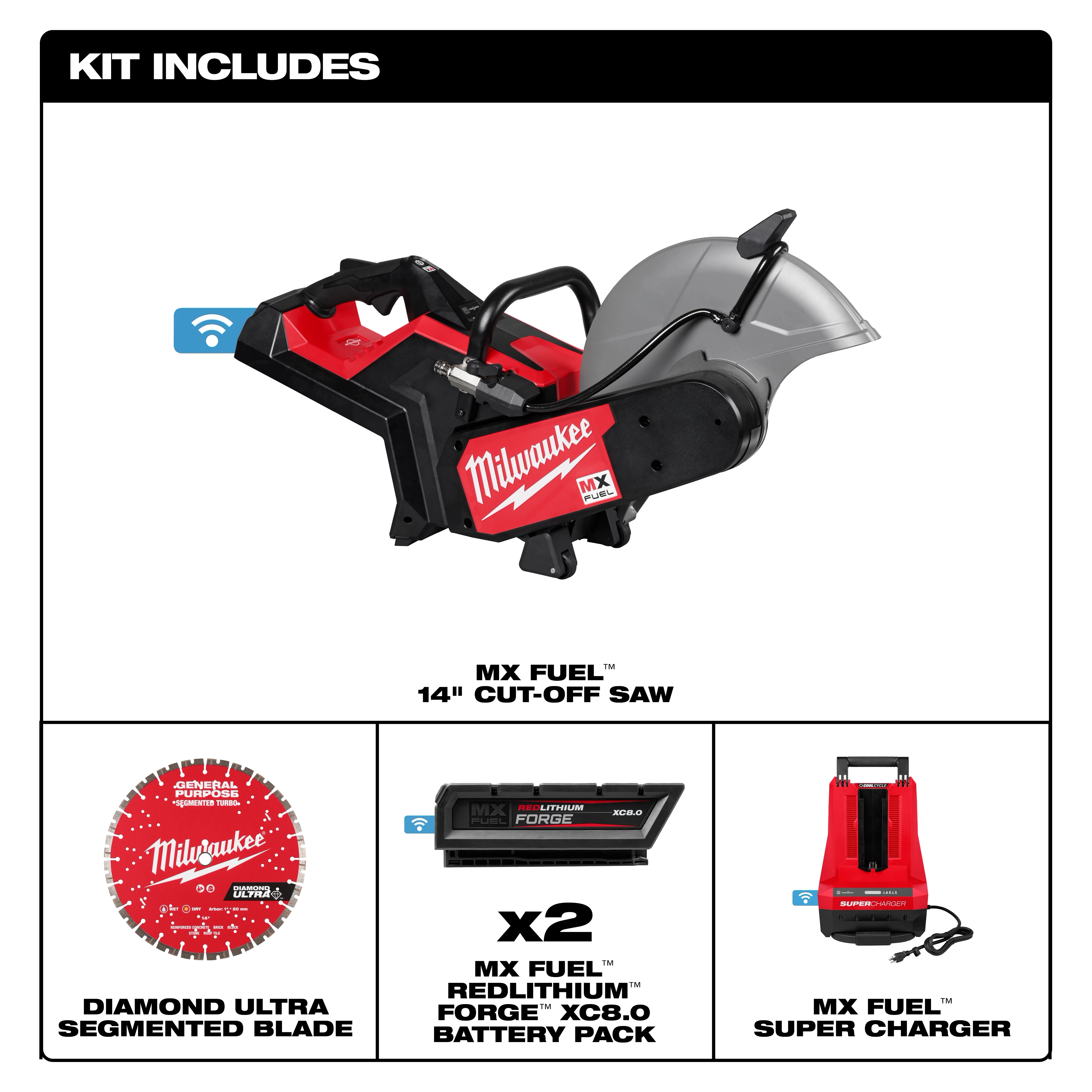 An image showcasing the MX FUEL™ 14" Cut-Off Saw w/ RAPIDSTOP™ Brake kit. The kit includes the saw, a diamond ultra-segmented blade, two MX FUEL™ REDLITHIUM™ FORGE™ XC8.0 battery packs, and an MX FUEL™ Super Charger.