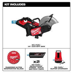An image showcasing the MX FUEL™ 14" Cut-Off Saw w/ RAPIDSTOP™ Brake kit. The kit includes the saw, a diamond ultra-segmented blade, two MX FUEL™ REDLITHIUM™ FORGE™ XC8.0 battery packs, and an MX FUEL™ Super Charger.