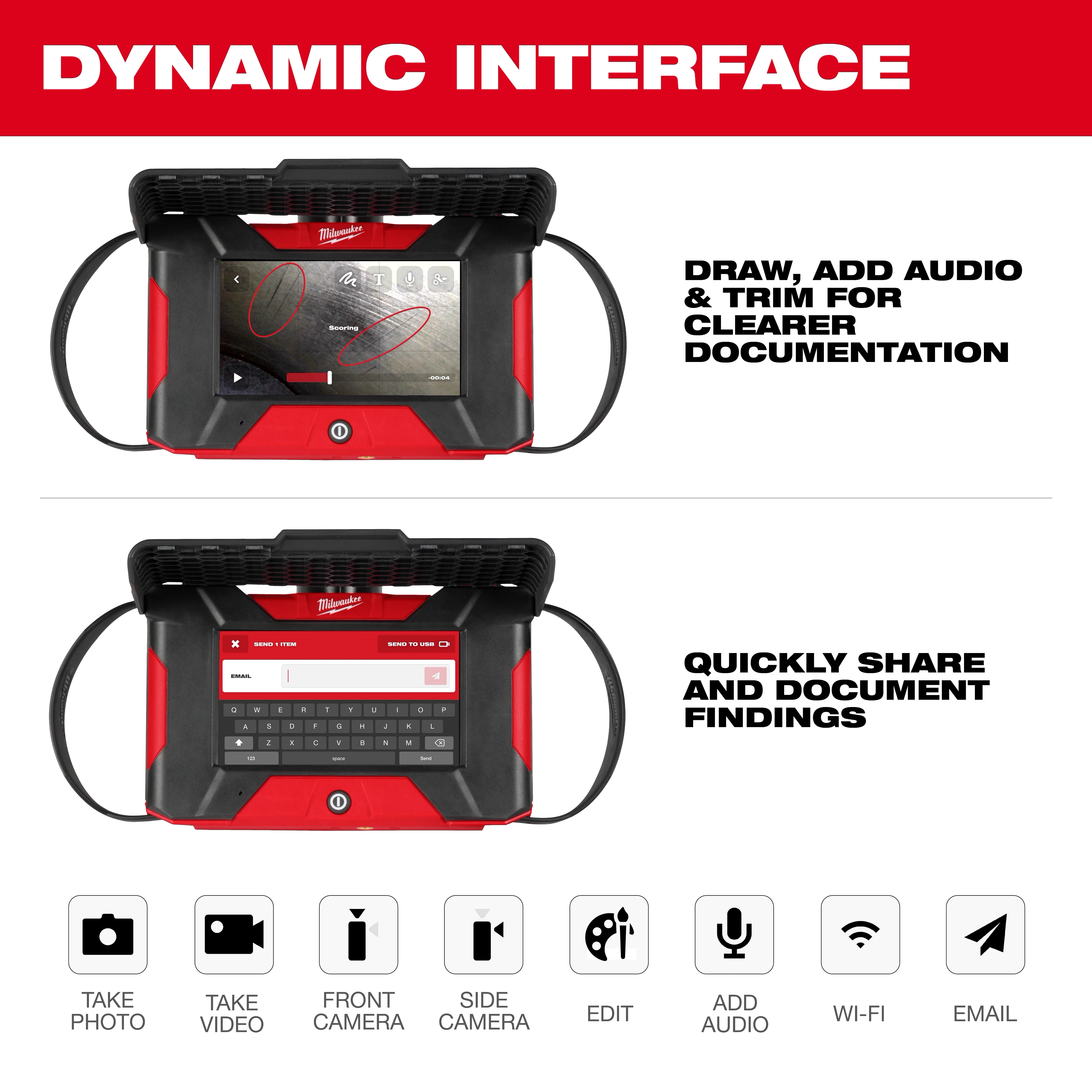 M12™ Auto Shop Borescope w/ Wi-Fi® File Sharing offers a dynamic interface for drawing, adding audio, and trimming documentation. Users can quickly share and document findings via email and Wi-Fi. Features include photo, video capture, and front/side camera.
