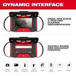 M12™ Auto Shop Borescope w/ Wi-Fi® File Sharing offers a dynamic interface for drawing, adding audio, and trimming documentation. Users can quickly share and document findings via email and Wi-Fi. Features include photo, video capture, and front/side camera.