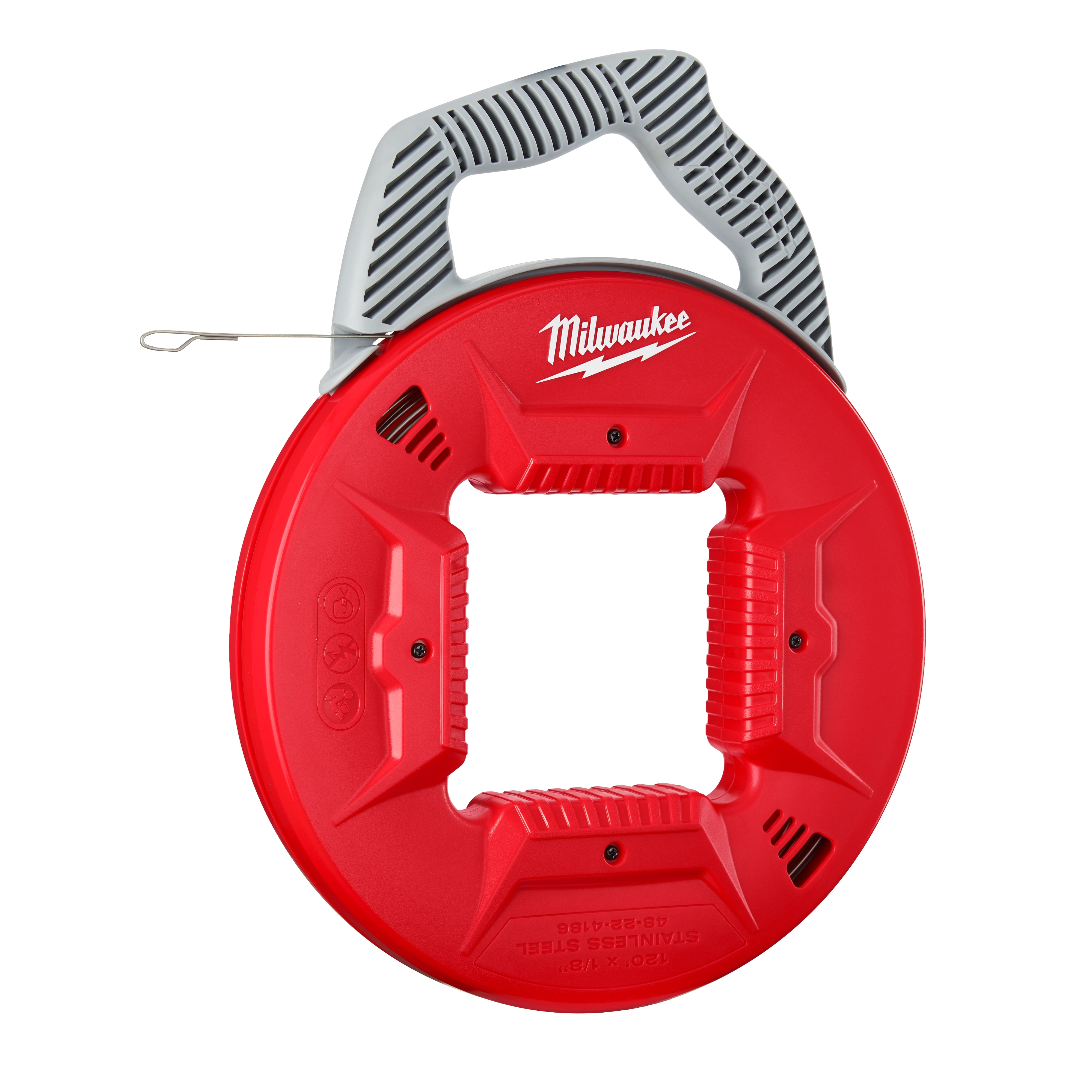 120' 1/8" Stainless Steel Fish Tape features a red plastic reel with gray handle and is used to pull wire through conduits.