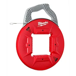 120' 1/8" Stainless Steel Fish Tape features a red plastic reel with gray handle and is used to pull wire through conduits.