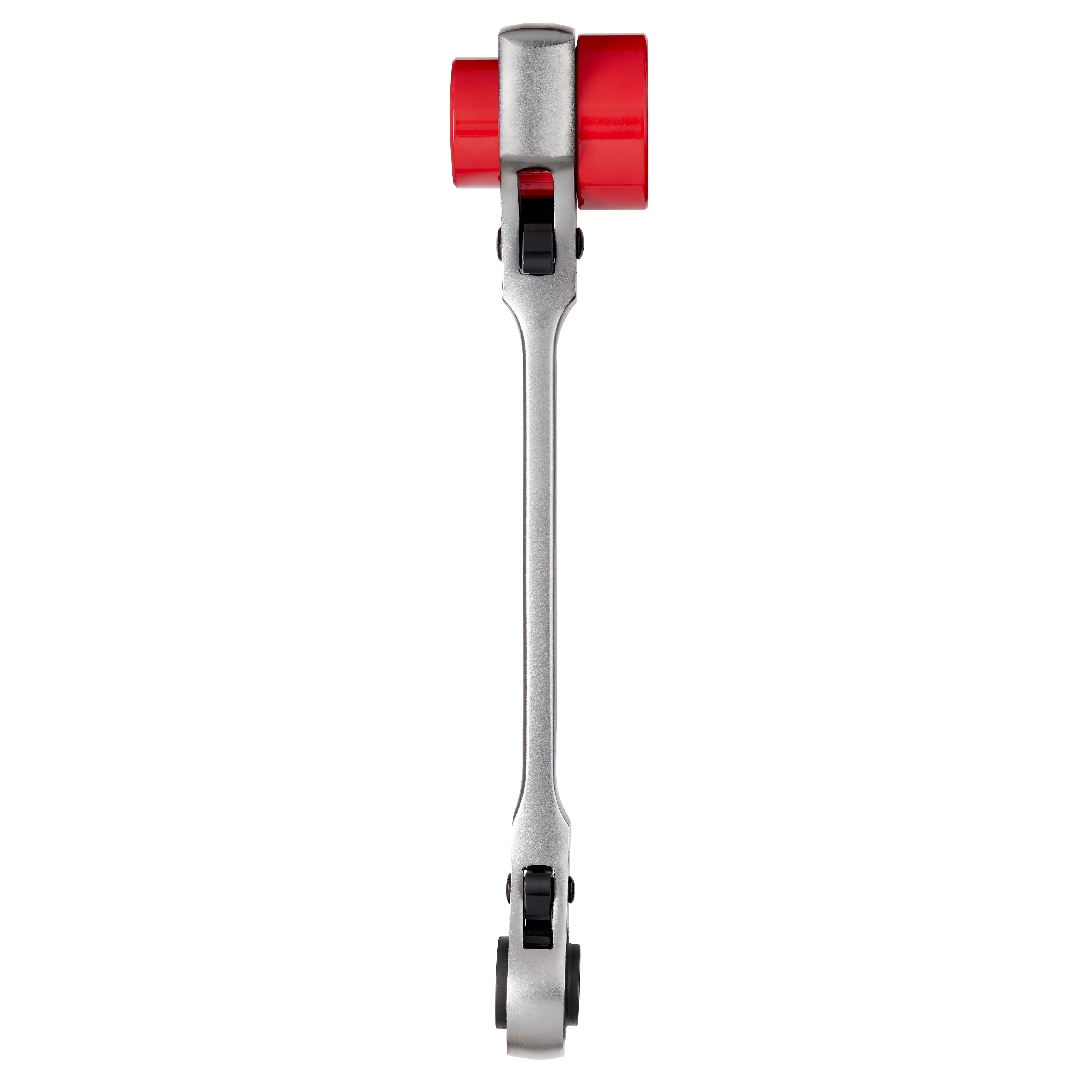Lineman's 5-in-1 Ratcheting Wrench with silver handle, red and black ratcheting sockets at both ends, designed for versatile utility.