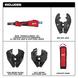 The M18™ FORCE LOGIC™ 6T Linear Utility Crimper w/ BG-D3 and Cutting Jaws includes the crimper tool, BG-D3 jaw, 750 MCM CU/AL cutting jaw, 477 ACSR cutting jaw, and a utility bag. The tool is red and black with a textured grip and features blue wireless connectivity.