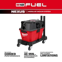 The M18 FUEL™ NEXUS™ 6 Gallon Wet/Dry Vacuum is a red and black cordless vacuum system. It features durable wheels and multiple hose ports, and promises over 40 minutes of continuous cleaning with no cord limitations.