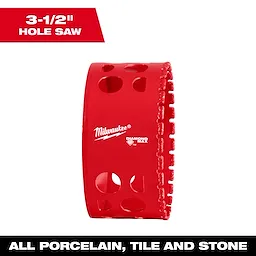 Milwaukee 3-1/2 inch Diamond Max Hole Saw in red, designed for cutting porcelain, tile, and stone, with side cut-outs.