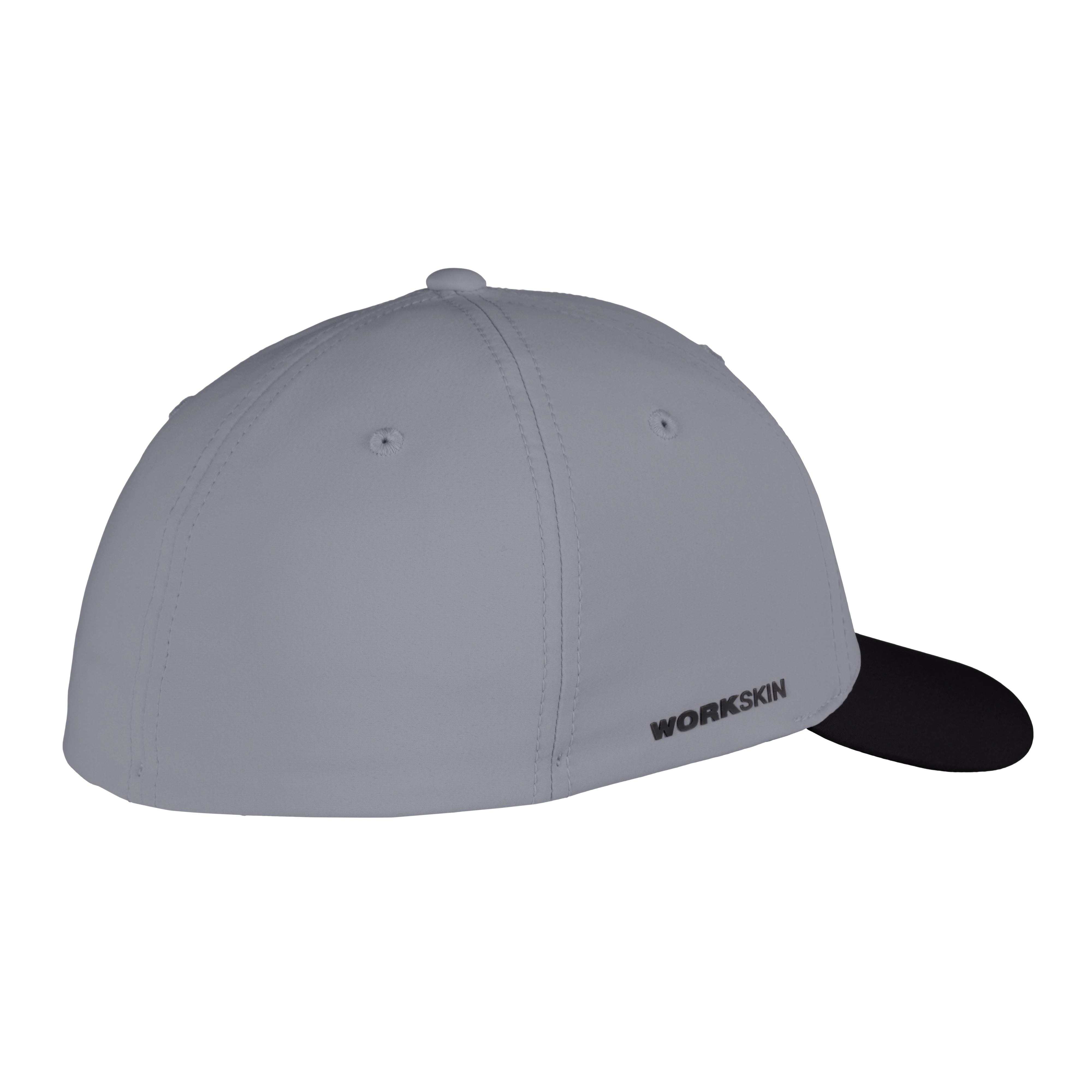 Gray WORKSKIN Performance Fitted Hat with six-panel design, two eyelets on each side, and black brim, providing comfort and protection.