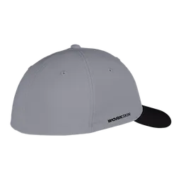 Gray WORKSKIN Performance Fitted Hat with six-panel design, two eyelets on each side, and black brim, providing comfort and protection.