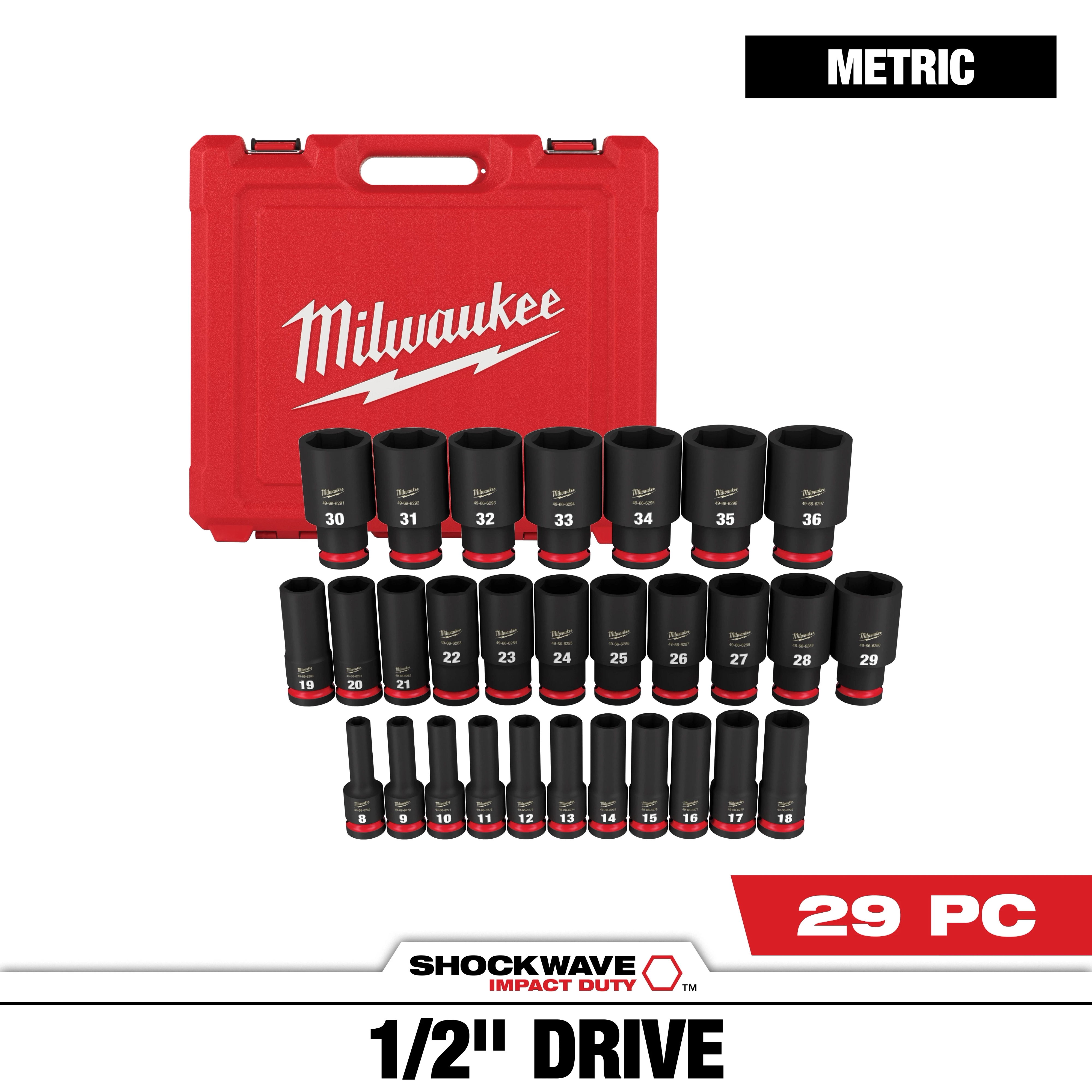 The SHOCKWAVE 1/2 in. Drive Metric 6 Point Impact Socket Set (29-Piece) features a red Milwaukee case and an assortment of metric sockets ranging from sizes 10 to 36. The set includes both standard and deep sockets designed for impact use.