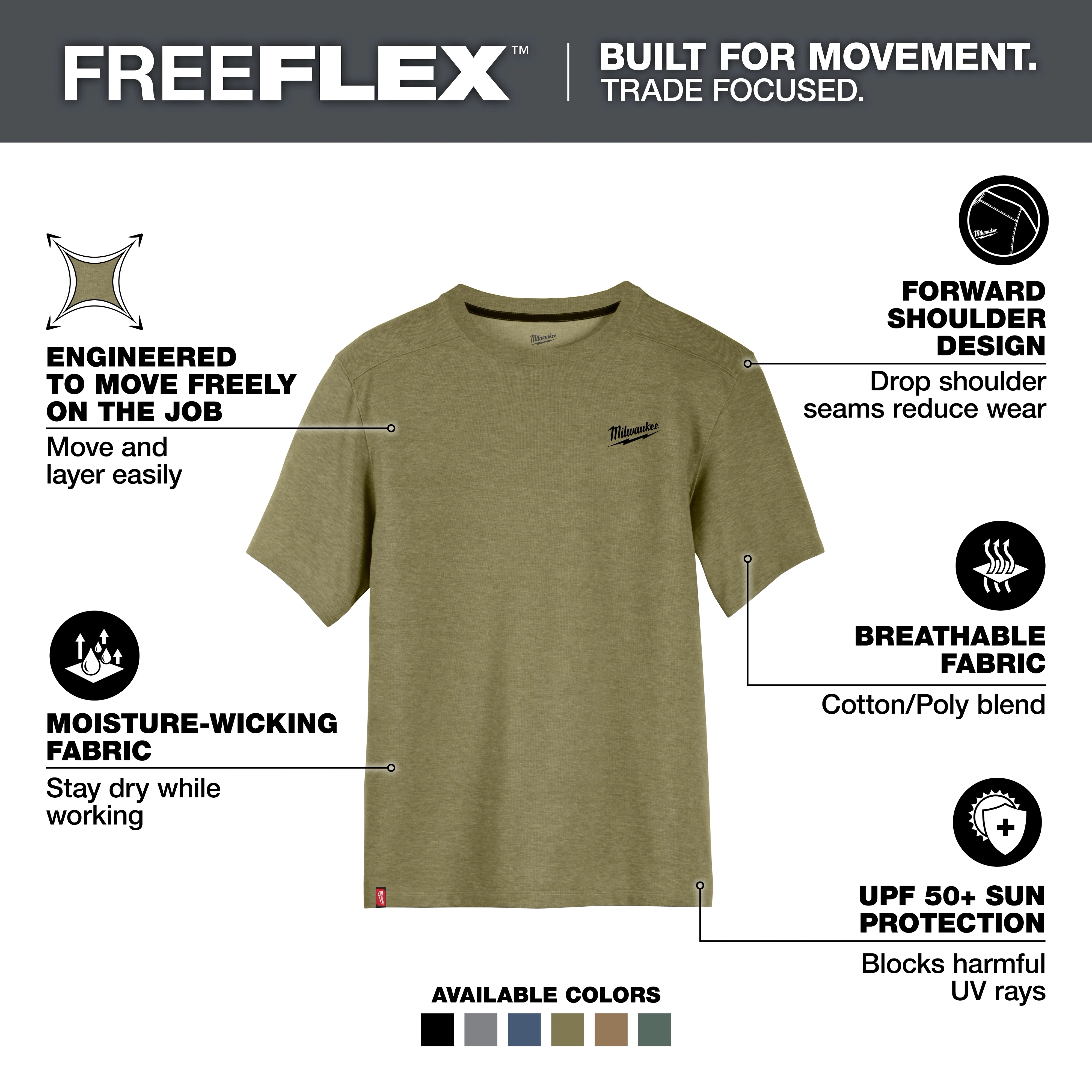 FREEFLEX Hybrid Work Tee - Short Sleeve in olive color, features moisture-wicking, breathable fabric, forward shoulder design, and UPF 50+ sun protection.